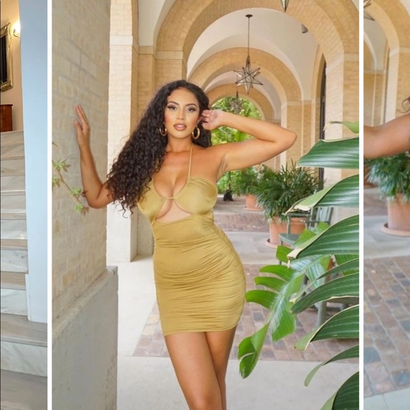 Olive slinky cross strap ruched mini dress - Picture 2 of 8